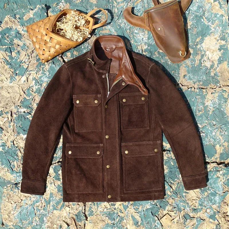 Men's Suede Field Jacket with Multi-pockets and Stand Collar