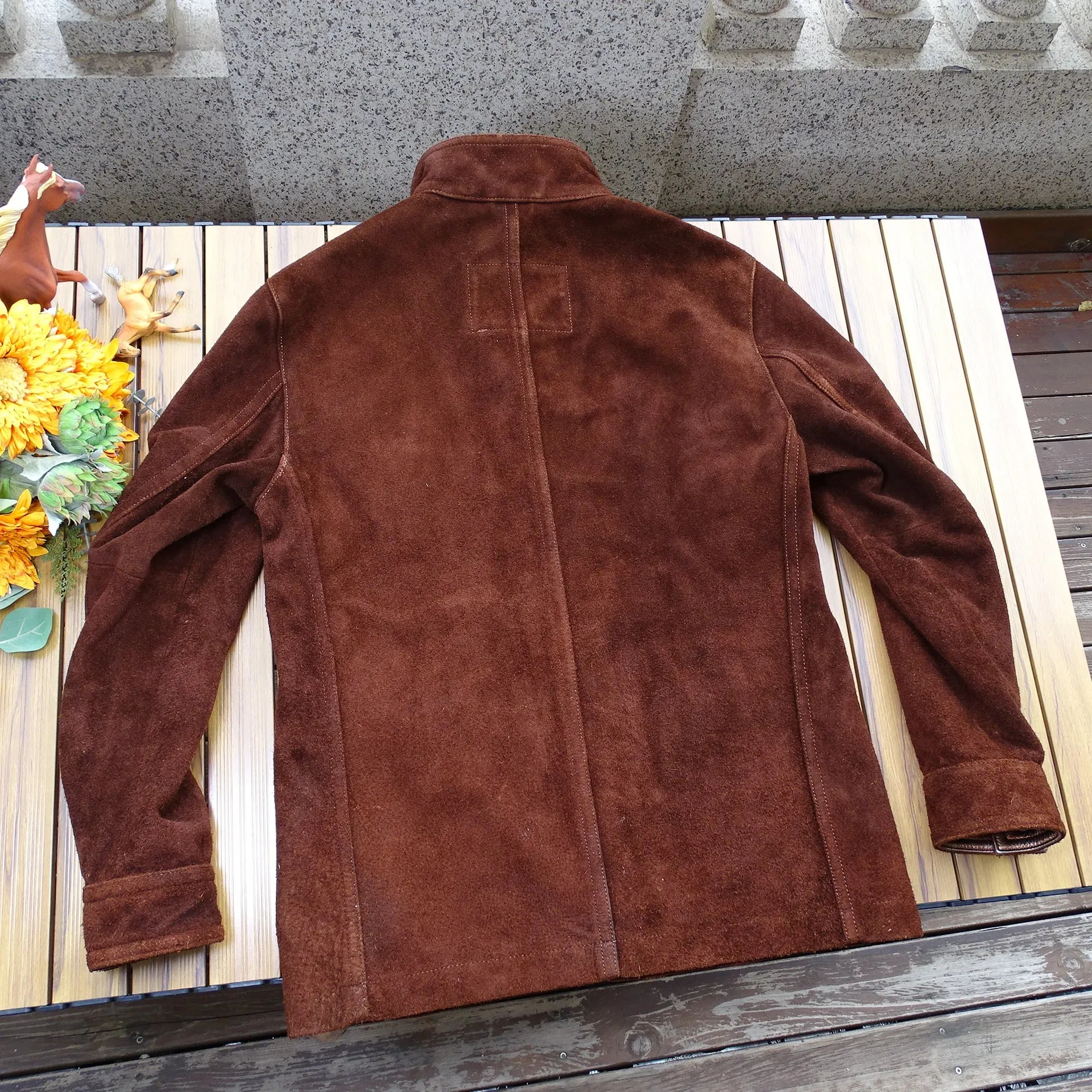 Men's Suede Field Jacket with Multi-pockets and Stand Collar