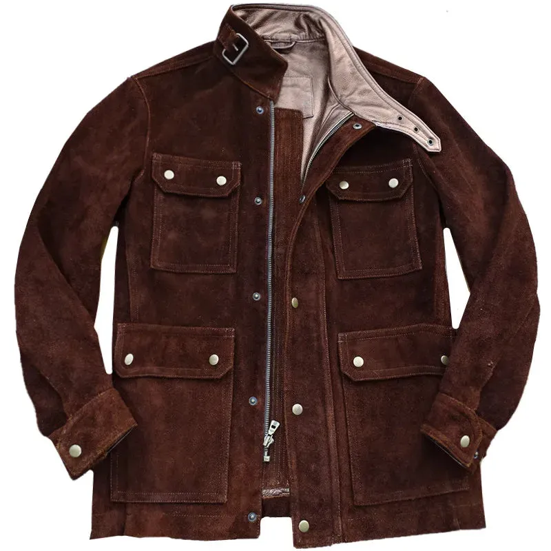 Men's Suede Field Jacket with Multi-pockets and Stand Collar