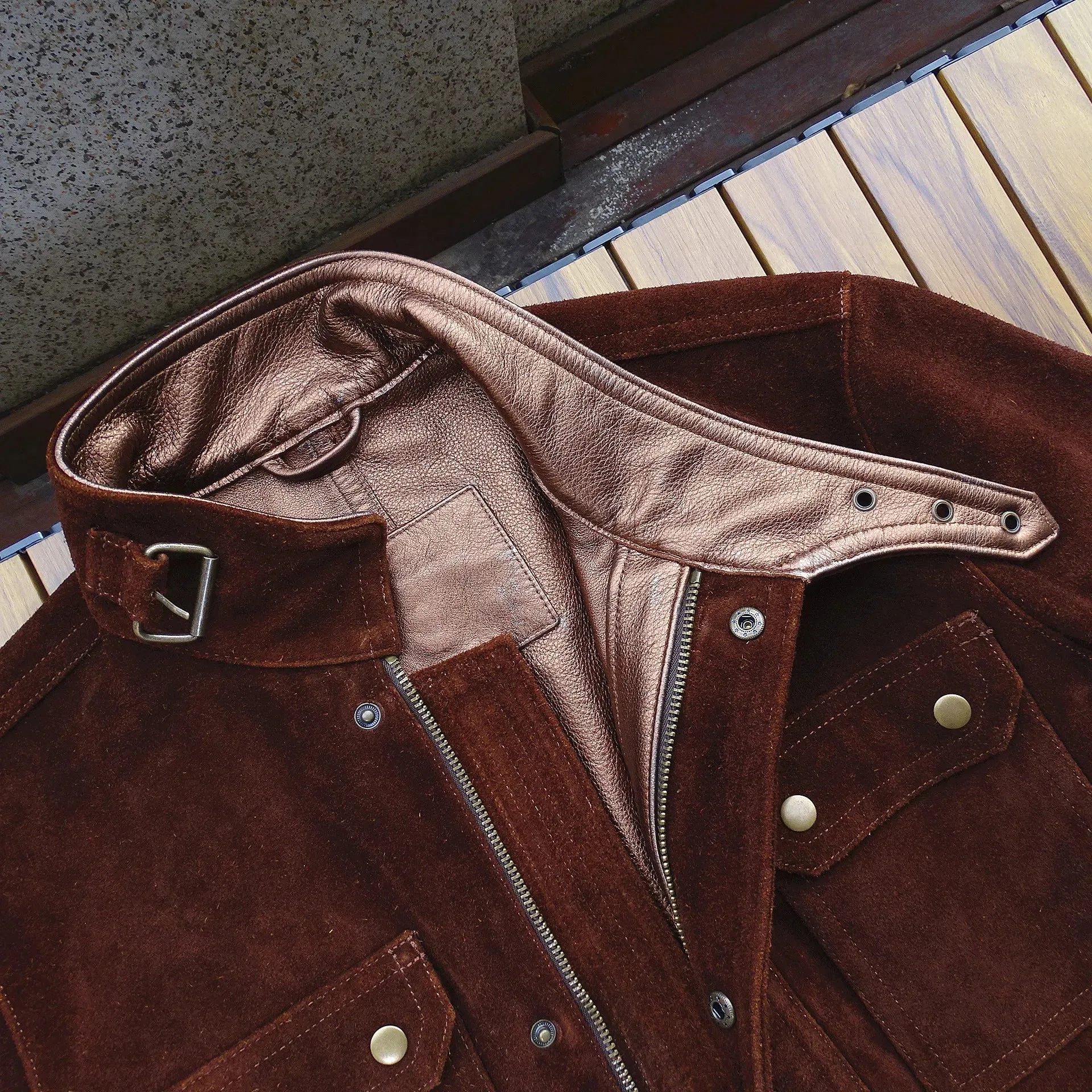 Men's Suede Field Jacket with Multi-pockets and Stand Collar