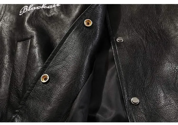 Men's Vintage Letter Embroidery Leather Coat with Relaxed Fit for Fall