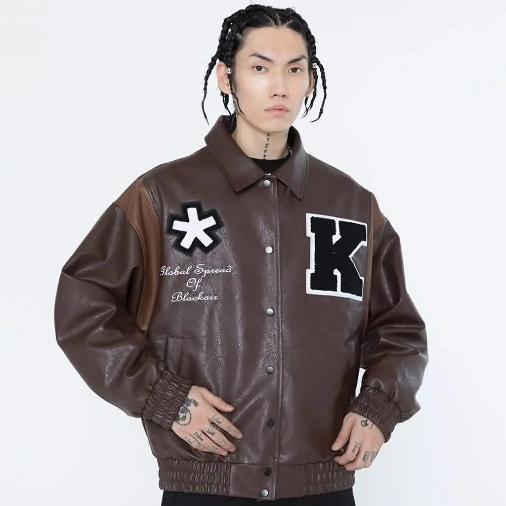 Men's Vintage Letter Embroidery Leather Coat with Relaxed Fit for Fall