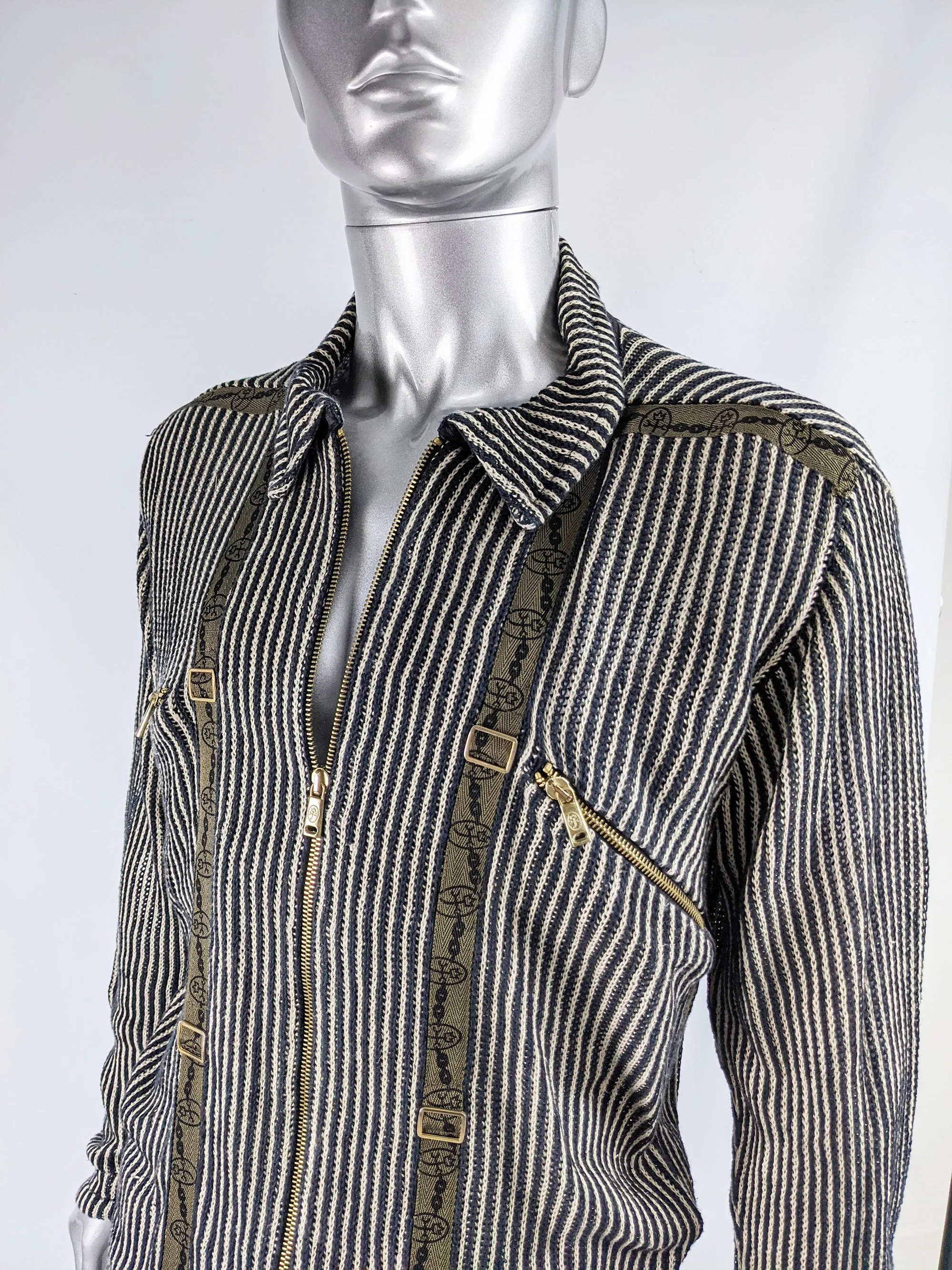 Mens Vintage Military Strap Striped Linen Jacket, 2000s