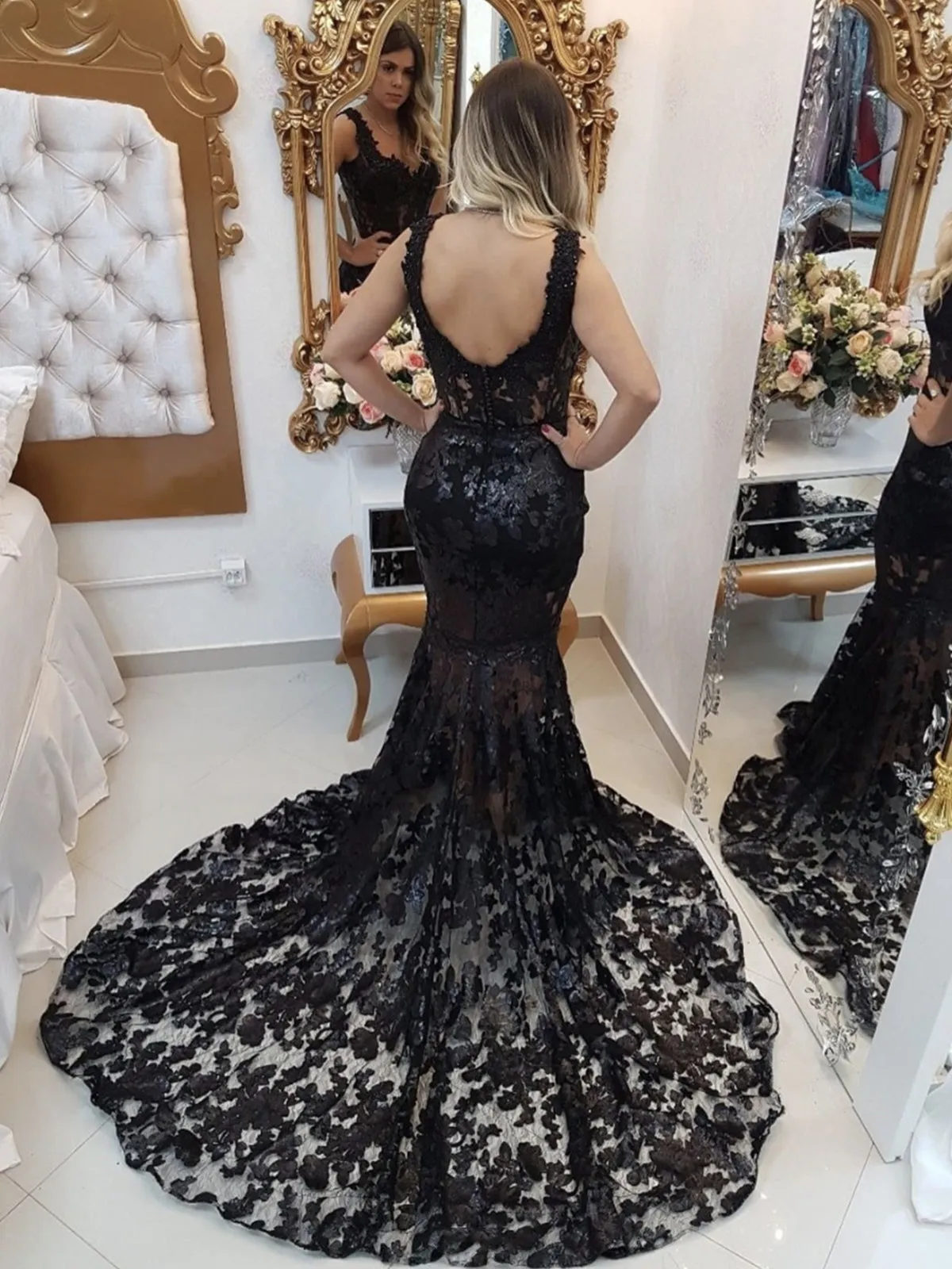 Mermaid Open Back Black Lace Long Prom Dresses, Mermaid Black Formal Dresses, Black Lace Evening Dresses