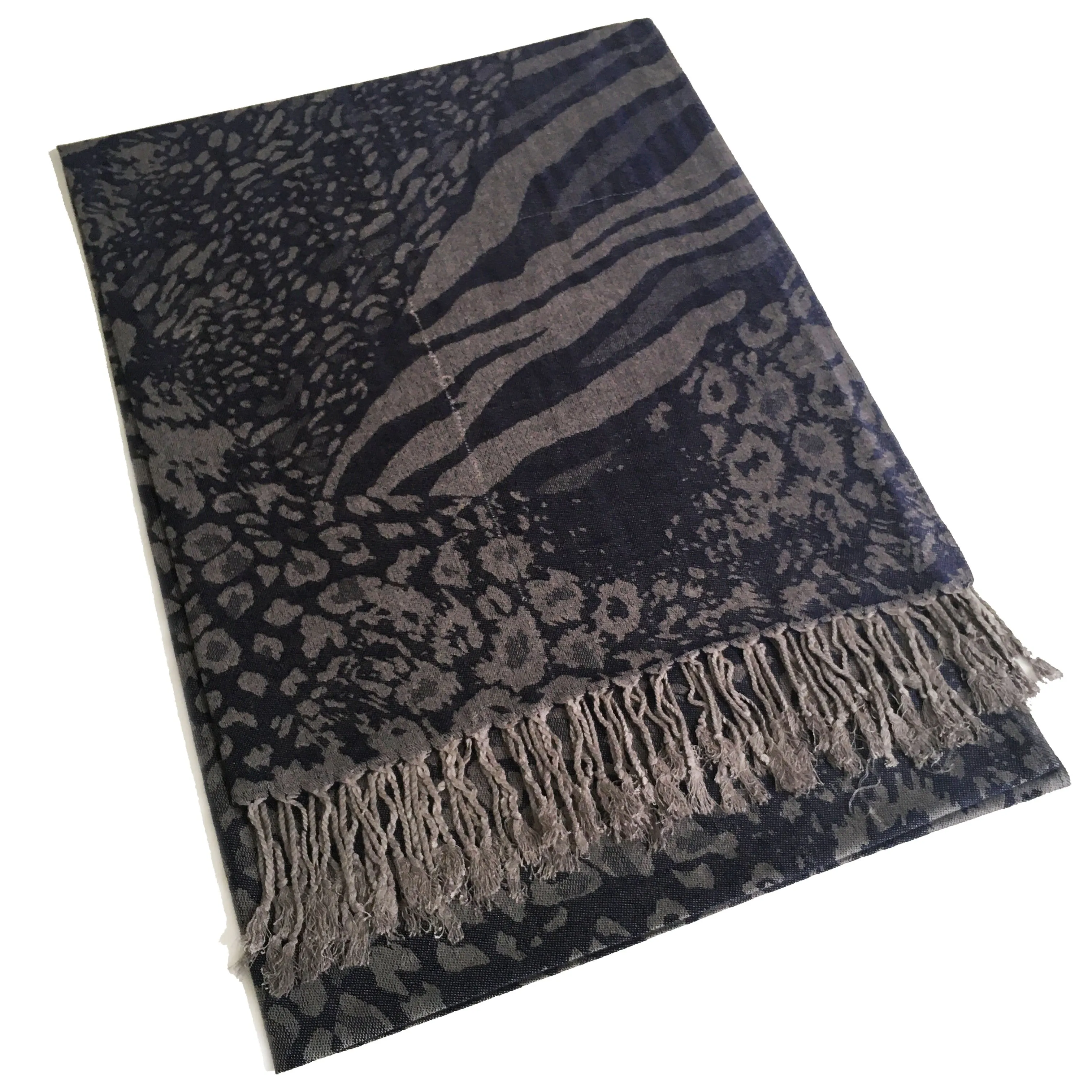 NAVY LARGE LEOPARD PRINT REVERSIBLE PASHMINA SHAWL SCARF