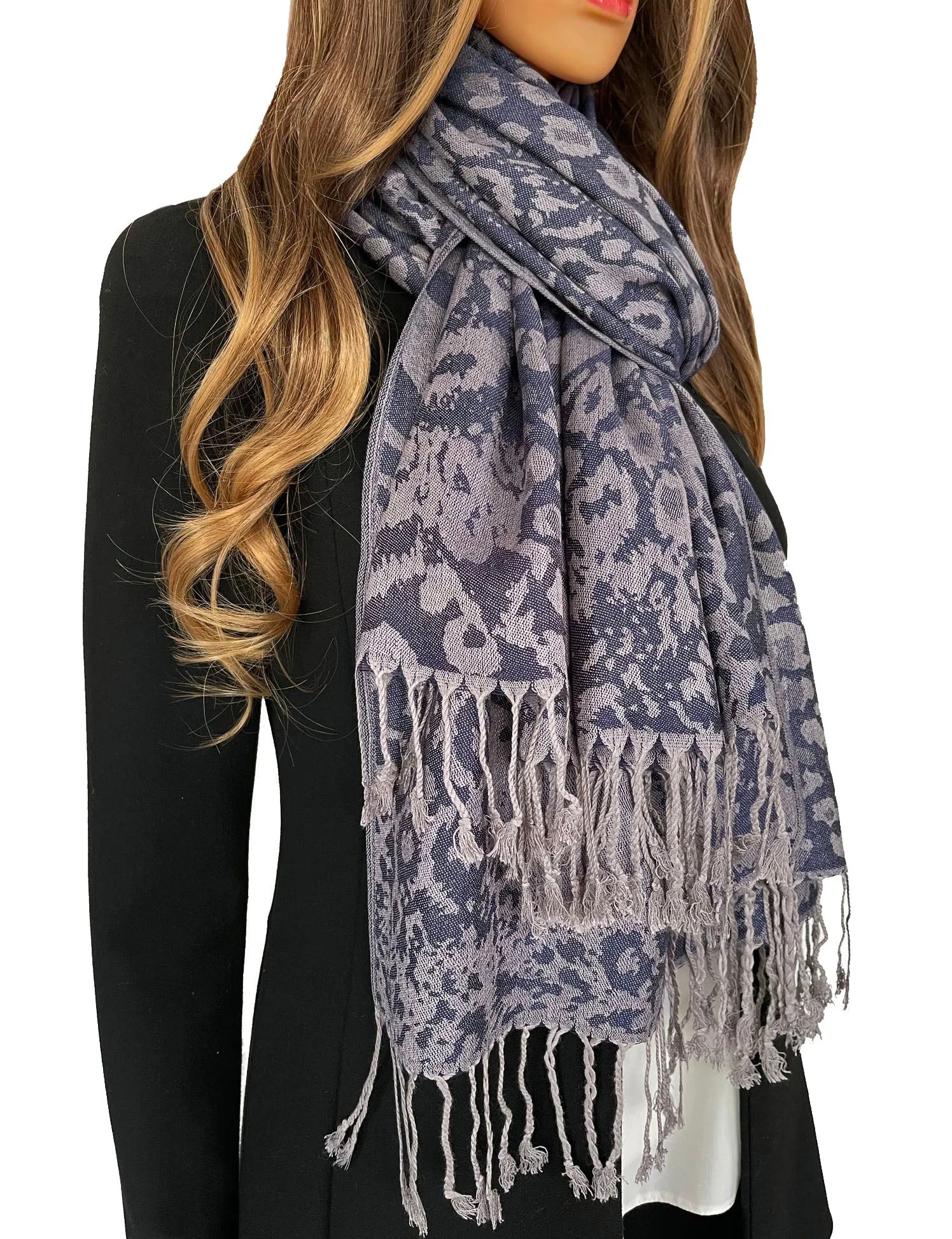 NAVY LARGE LEOPARD PRINT REVERSIBLE PASHMINA SHAWL SCARF