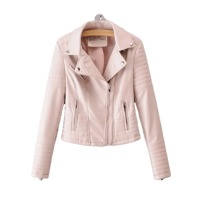 New Fashion Women Smooth Motorcycle Faux Leather Jackets Ladies Long Sleeve Autumn Winter Biker Streetwear Black Pink Coat