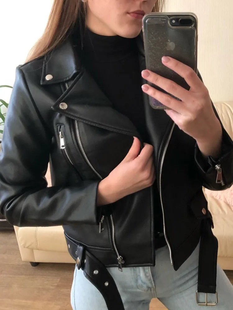 New Women Spring Autumn Black Faux Leather Jackets Zipper Basic Coat Turn-down Collar Motor Biker Jacket With Belt