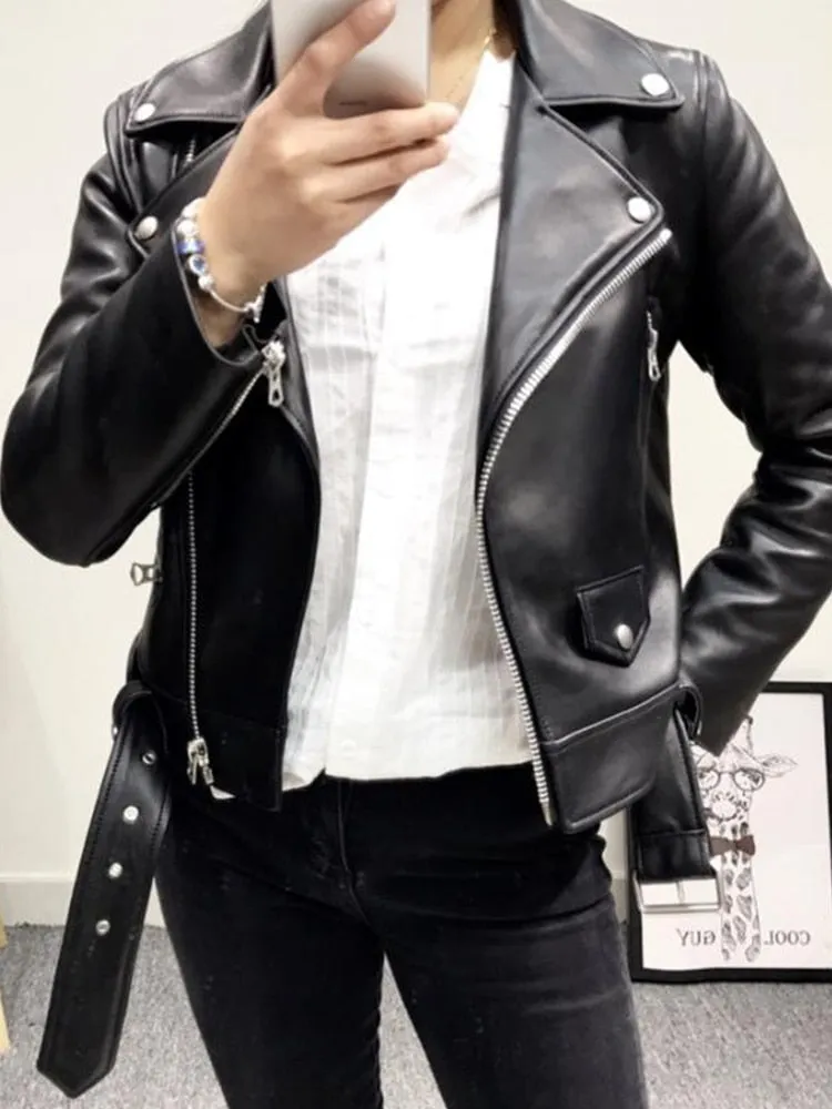 New Women Spring Autumn Black Faux Leather Jackets Zipper Basic Coat Turn-down Collar Motor Biker Jacket With Belt