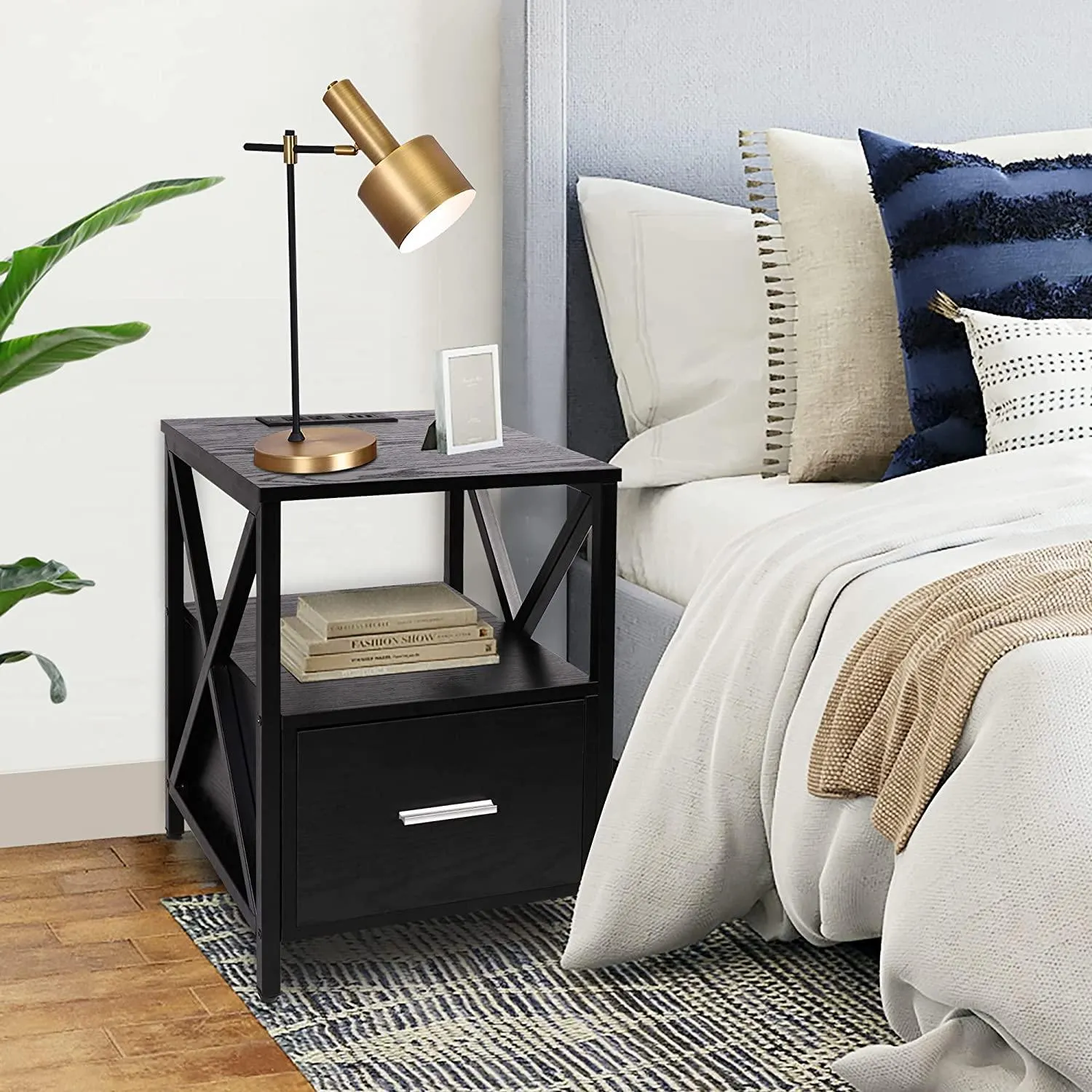 Nightstand Set of 2 Side Table with Charging Station USB Drawer Storage Night Stand BedSide Table with Drawer End Side Table with Storage Wood Accent Table (Black 1 Drawers 2 PC)