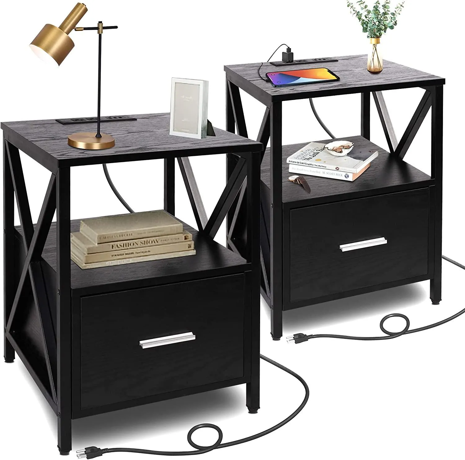 Nightstand Set of 2 Side Table with Charging Station USB Drawer Storage Night Stand BedSide Table with Drawer End Side Table with Storage Wood Accent Table (Black 1 Drawers 2 PC)