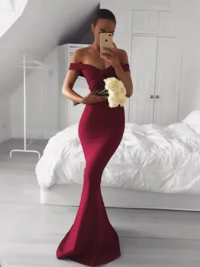 Off Shoulder Mermaid Burgundy Long Prom, Burgundy Bridesmaid, Mermaid Formal