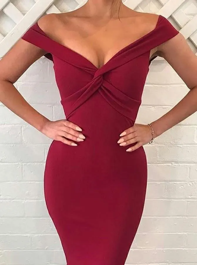 Off Shoulder Mermaid Burgundy Long Prom, Burgundy Bridesmaid, Mermaid Formal