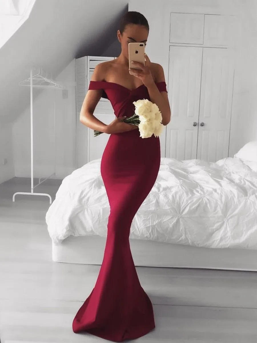 Off Shoulder Mermaid Burgundy Long Prom, Burgundy Bridesmaid, Mermaid Formal