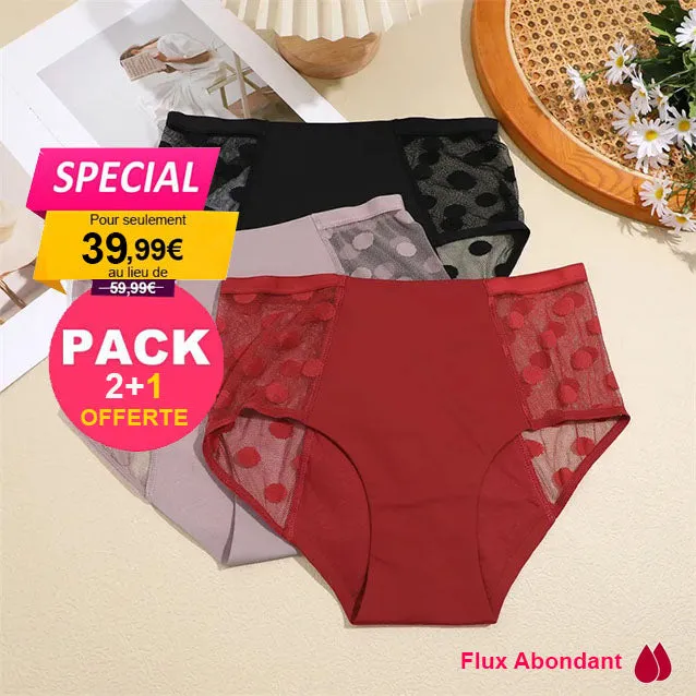 Pack de 3 Culottes Menstruelles en dentelle 4 Couches ultra absorbantes