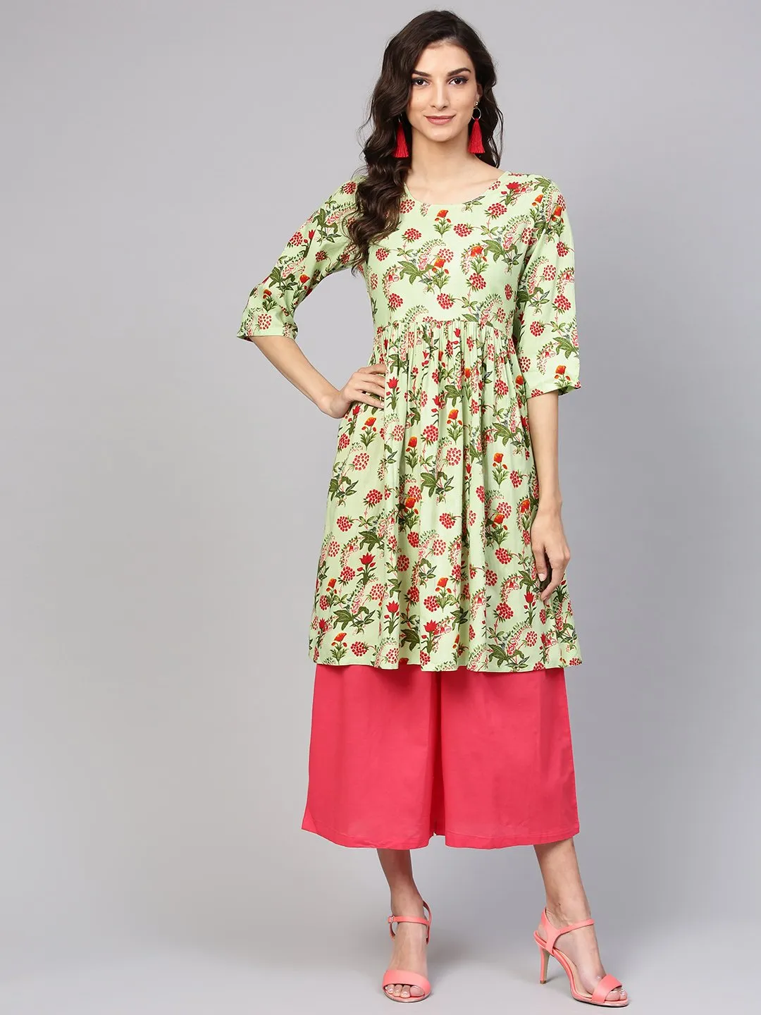 Pastel Green Floral Printed A-Line Cotton Kurta With Solid Coral Culottes