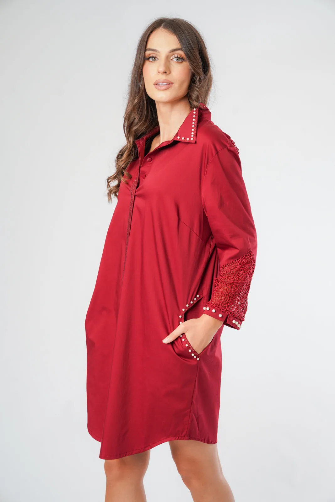 Pearl Rhinestone Trim Lace Insert Shirt Dress