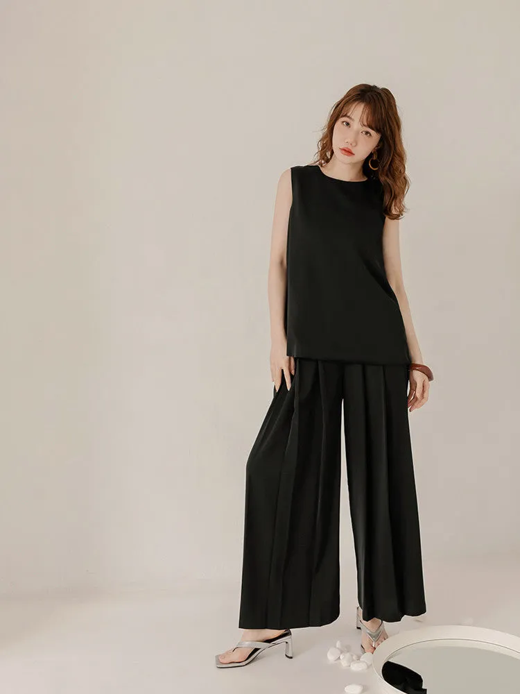 Pleated Wide Leg Elastic Waist Long Culottes Pants Trousers