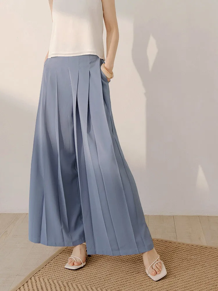 Pleated Wide Leg Elastic Waist Long Culottes Pants Trousers