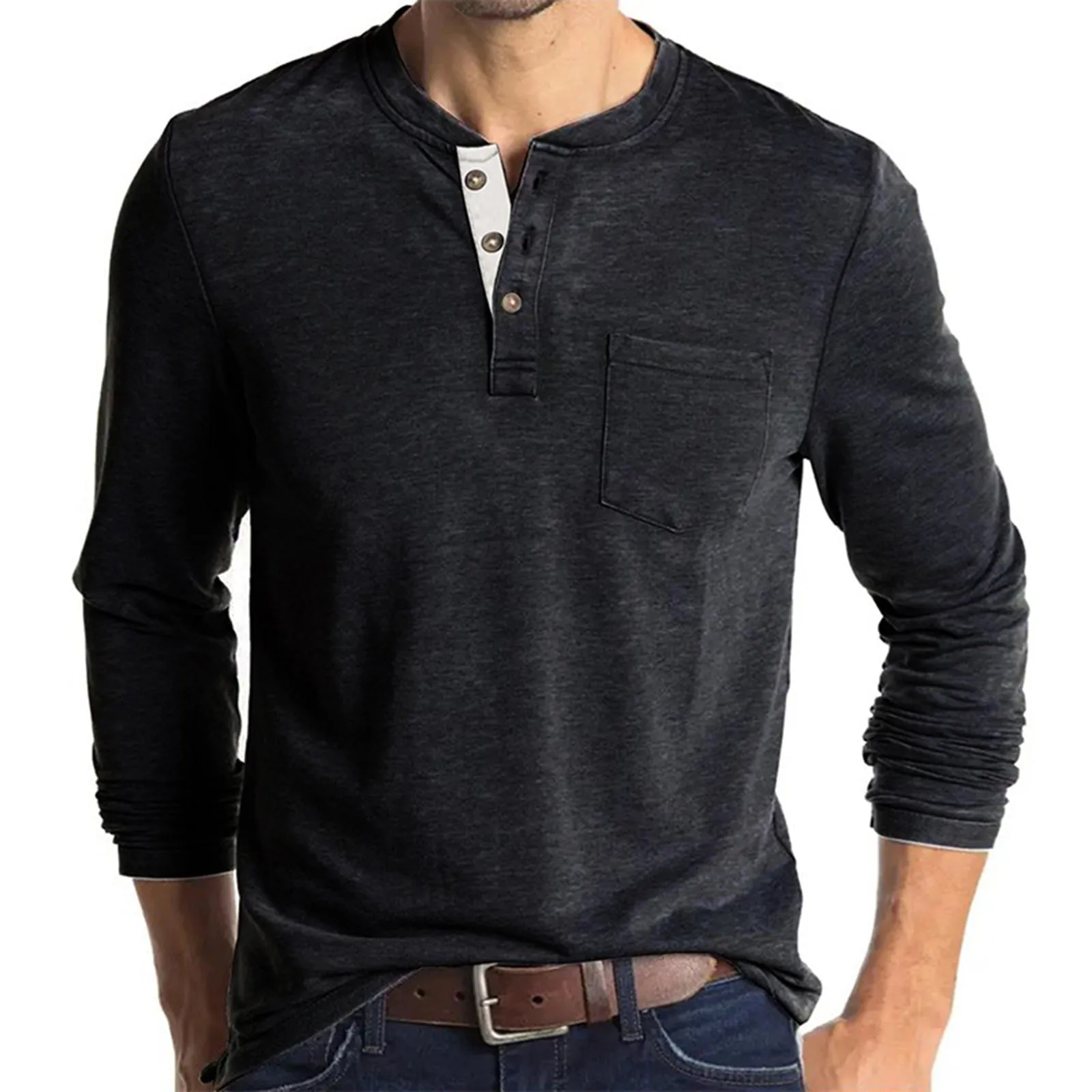 POCKET BUTTON LONG SLEEVE HENLEY SHIRT