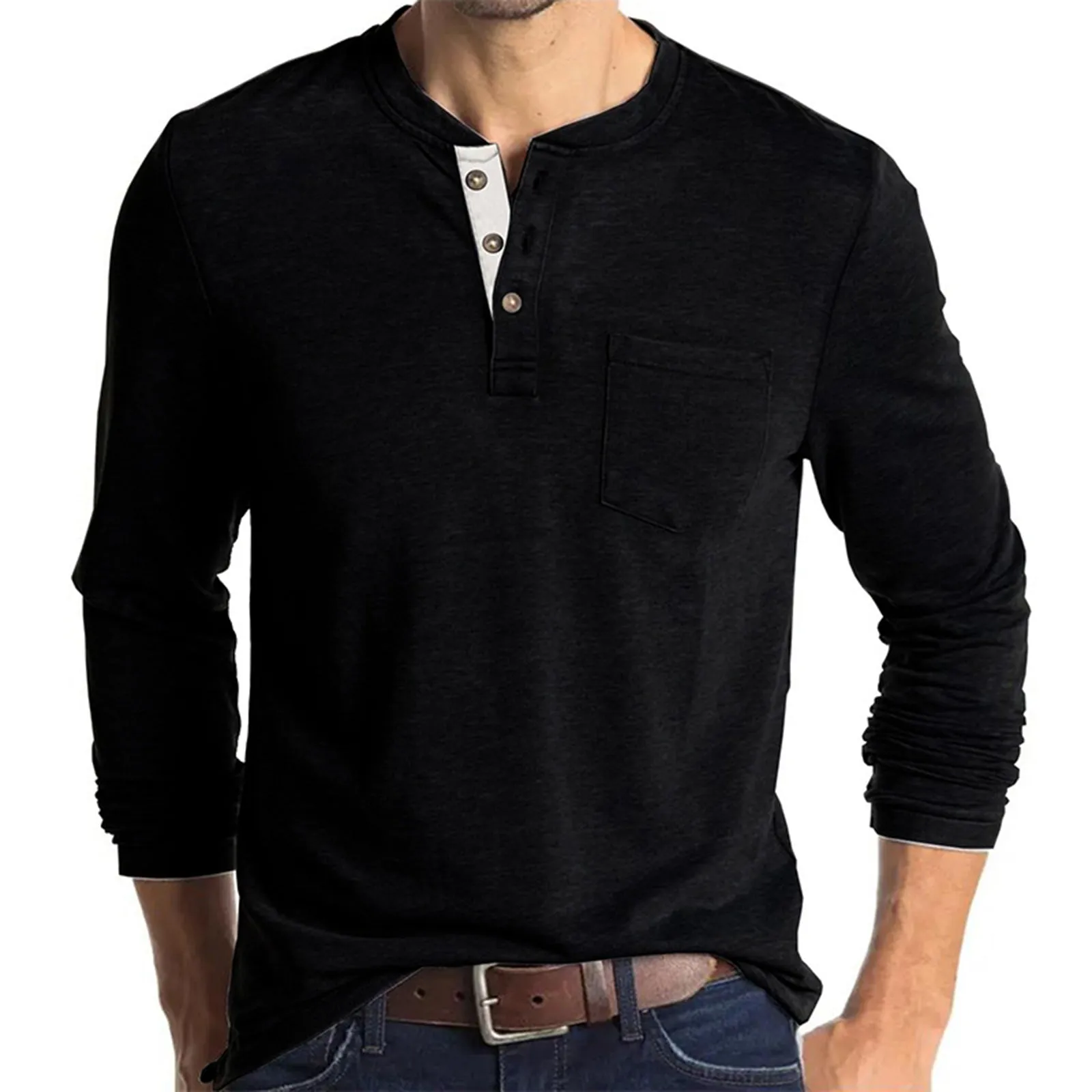 POCKET BUTTON LONG SLEEVE HENLEY SHIRT