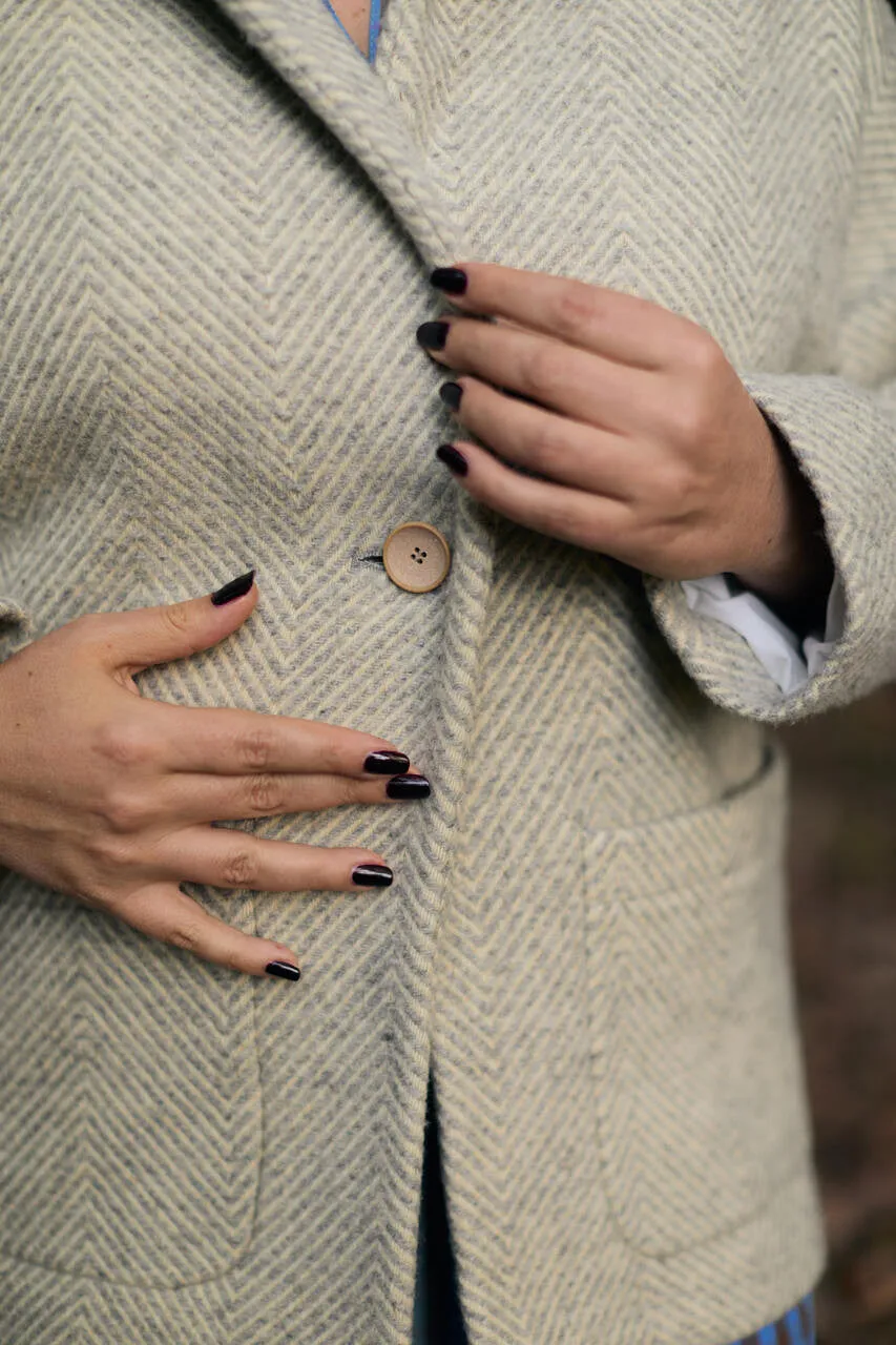 Portuguese Wool Pieper Coat in Light Grey and Cream Thin Herringbone - M Sample