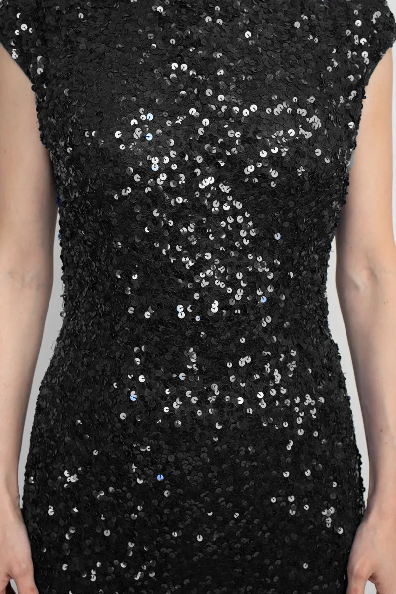 Primavera Boat Neck Cap Sleeve Cowl Back Bodycon Sequined Dress