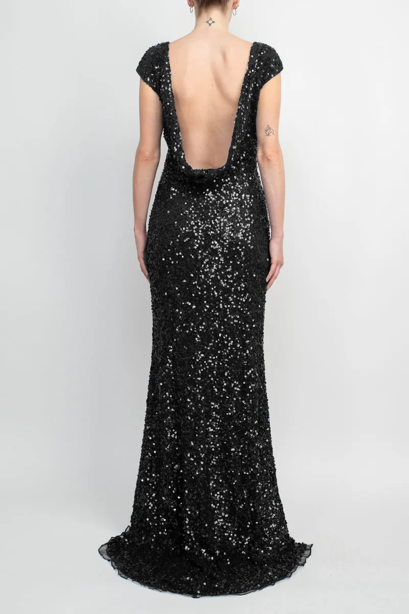 Primavera Boat Neck Cap Sleeve Cowl Back Bodycon Sequined Dress