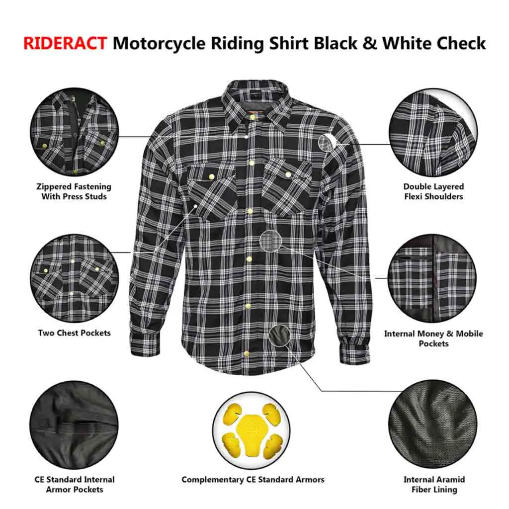 RIDERACT® Men's Motorcycle Riding Reinforced Flannel Shirt Multi Shaded Black & White Check