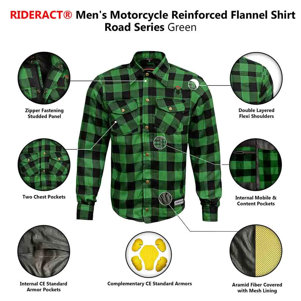 RIDERACT® Men's Motorcycle Riding Reinforced Flannel Shirt Road Series Green