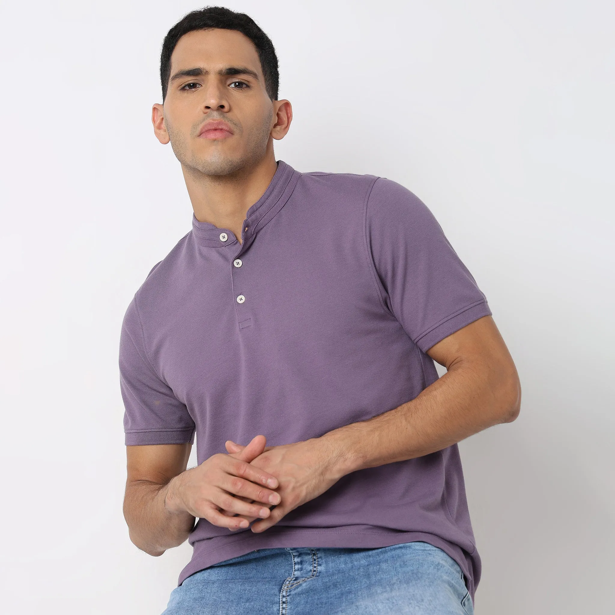 Senor Polo™ - Band Collar Fine Cotton with E-Fast Stretch Micro Pique Knit - Regular Fit Solid T-Shirt