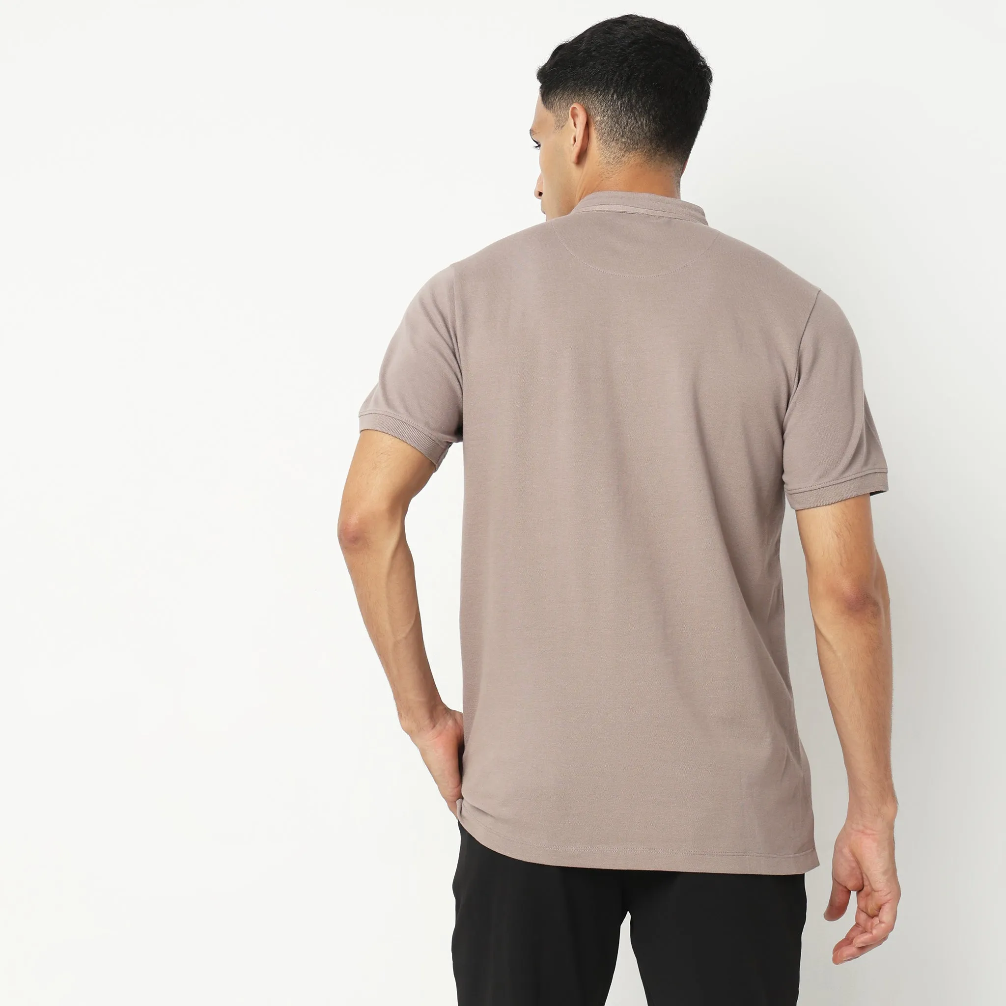 Senor Polo™ - Band Collar Fine Cotton with E-Fast Stretch Micro Pique Knit - Regular Fit Solid T-Shirt