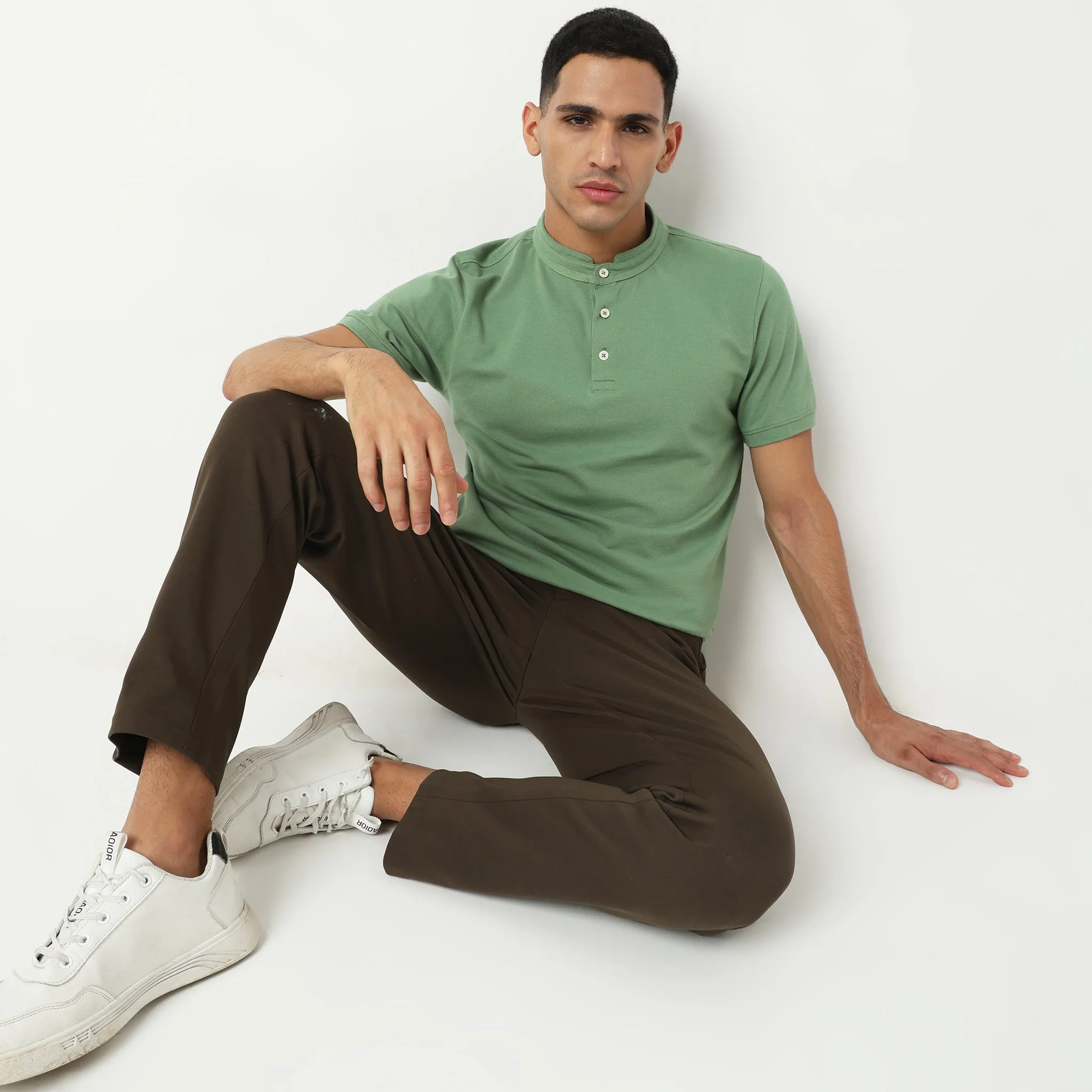 Senor Polo™ - Band Collar Fine Cotton with E-Fast Stretch Micro Pique Knit - Regular Fit Solid T-Shirt