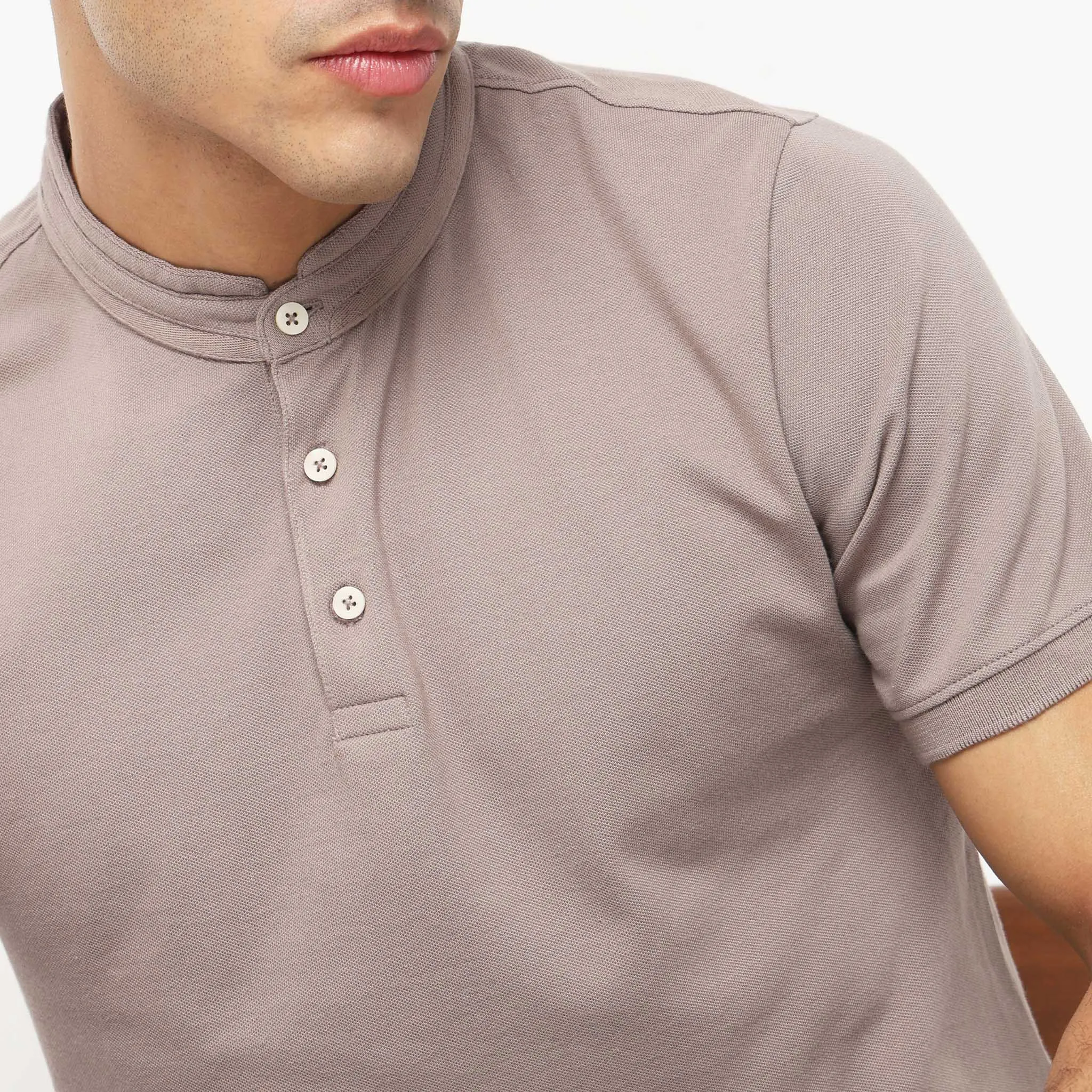 Senor Polo™ - Band Collar Fine Cotton with E-Fast Stretch Micro Pique Knit - Regular Fit Solid T-Shirt