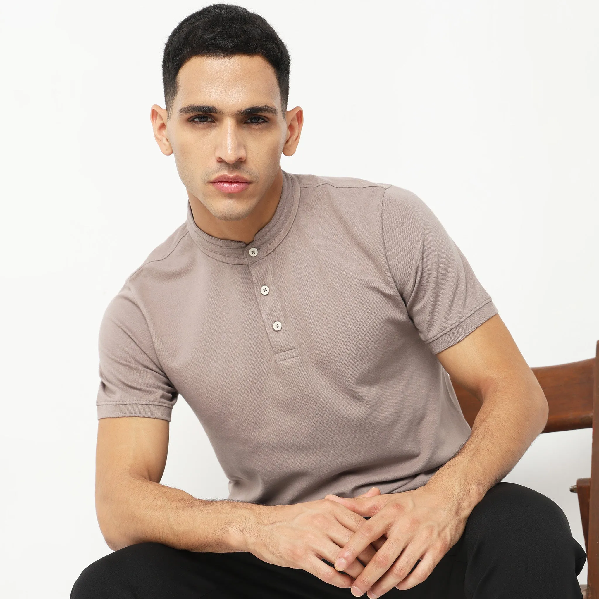 Senor Polo™ - Band Collar Fine Cotton with E-Fast Stretch Micro Pique Knit - Regular Fit Solid T-Shirt