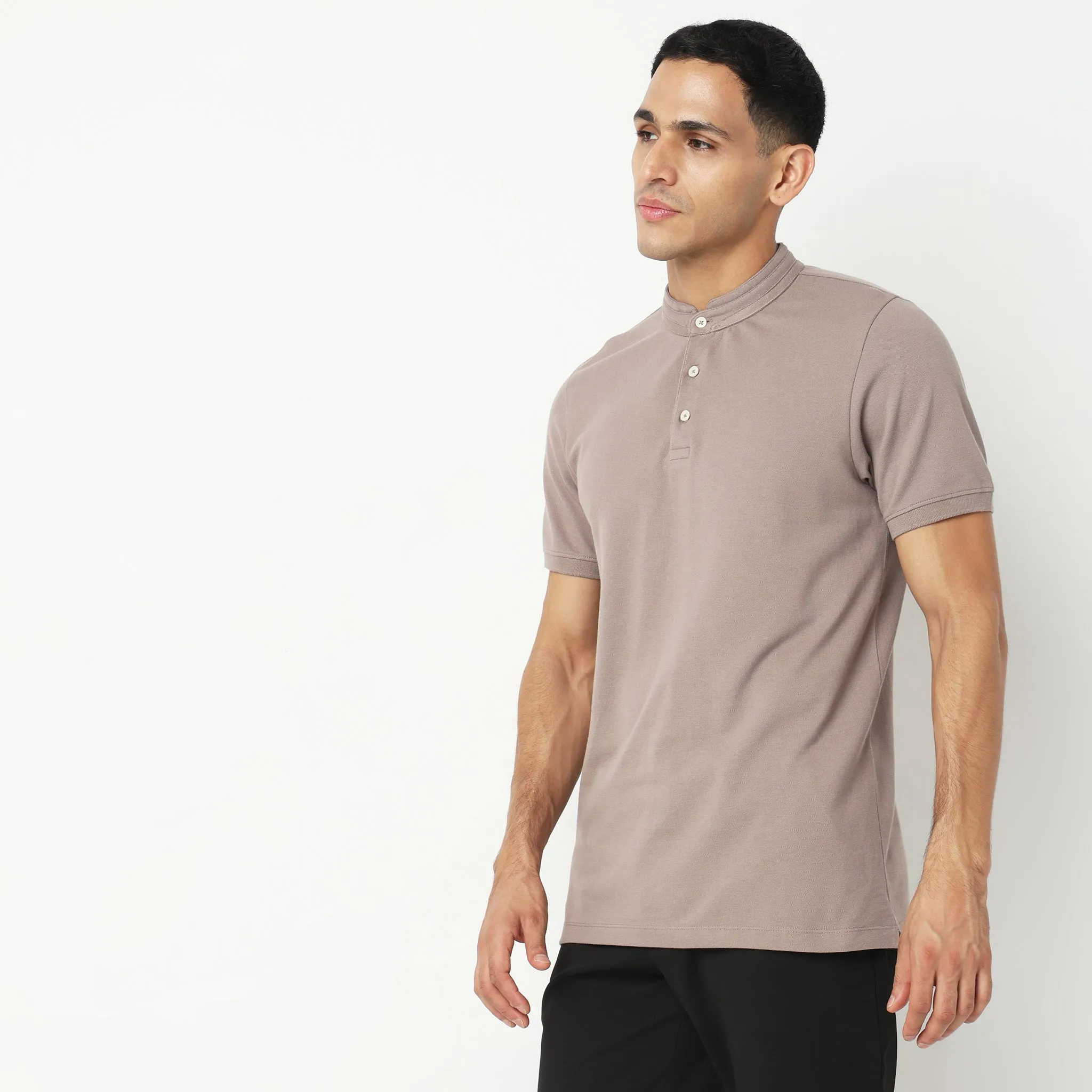 Senor Polo™ - Band Collar Fine Cotton with E-Fast Stretch Micro Pique Knit - Regular Fit Solid T-Shirt