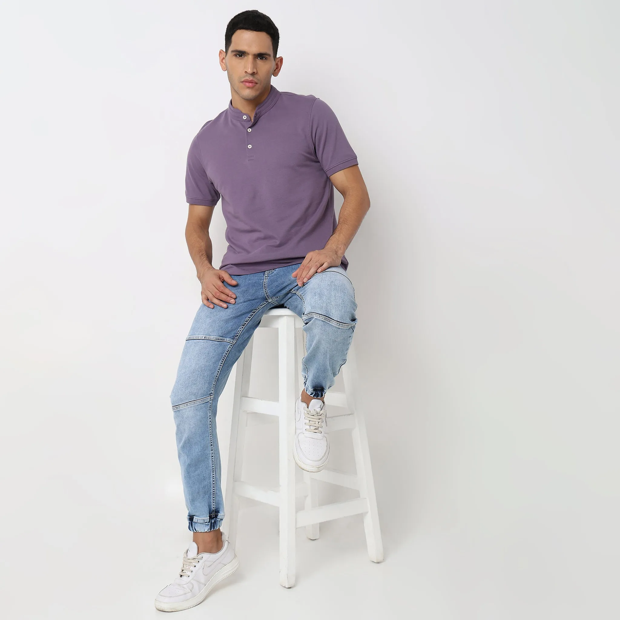 Senor Polo™ - Band Collar Fine Cotton with E-Fast Stretch Micro Pique Knit - Regular Fit Solid T-Shirt