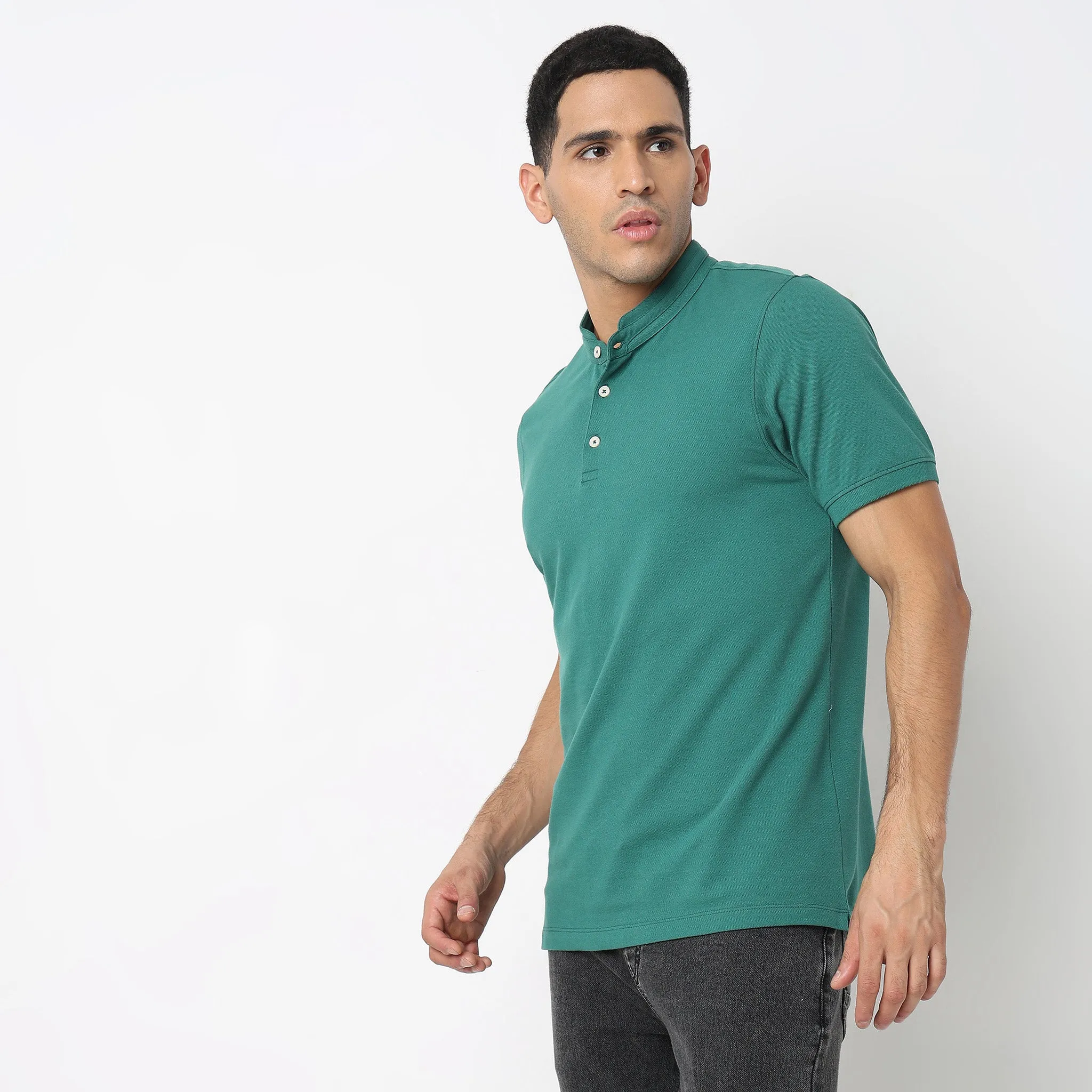 Senor Polo™ - Band Collar Fine Cotton with E-Fast Stretch Micro Pique Knit - Regular Fit Solid T-Shirt