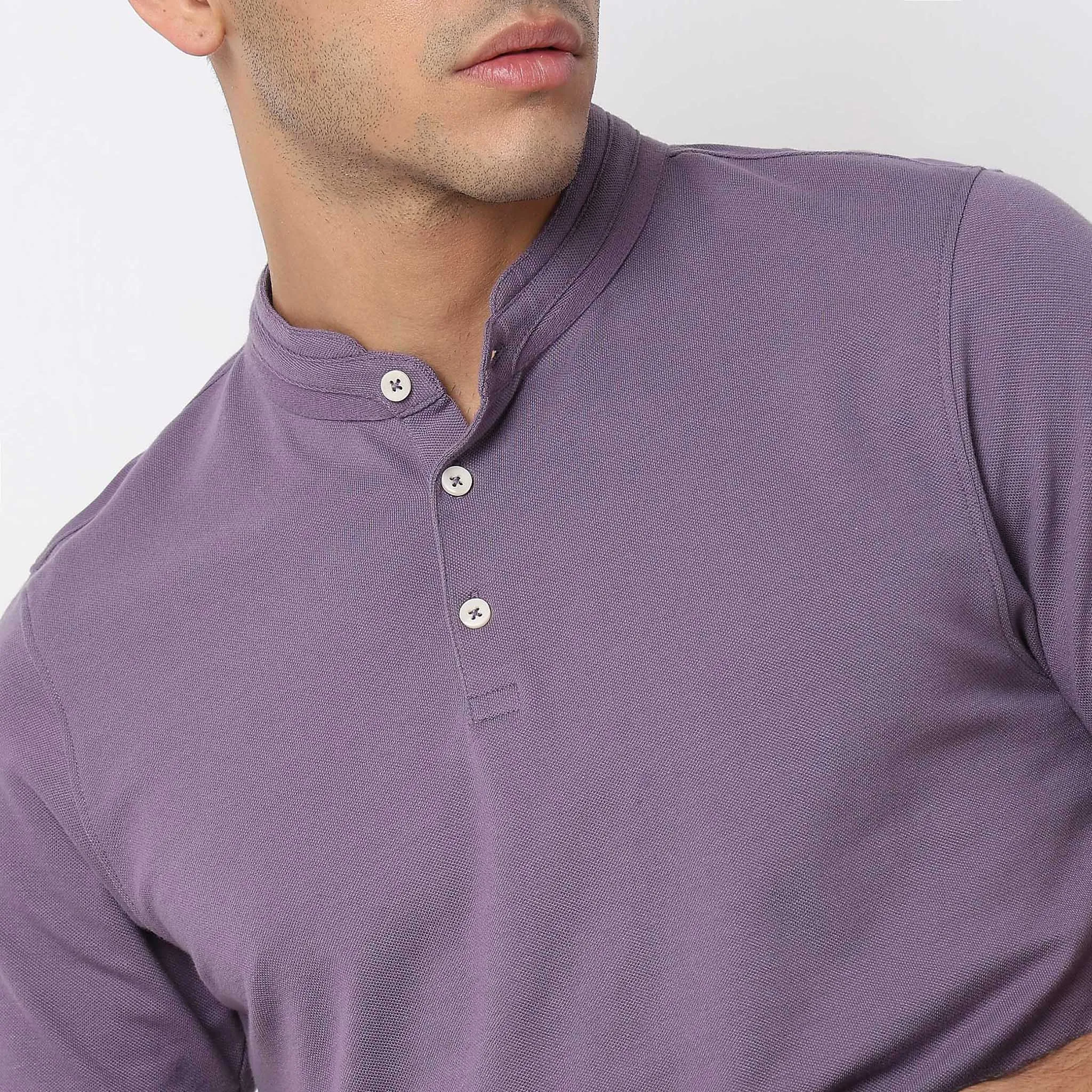 Senor Polo™ - Band Collar Fine Cotton with E-Fast Stretch Micro Pique Knit - Regular Fit Solid T-Shirt