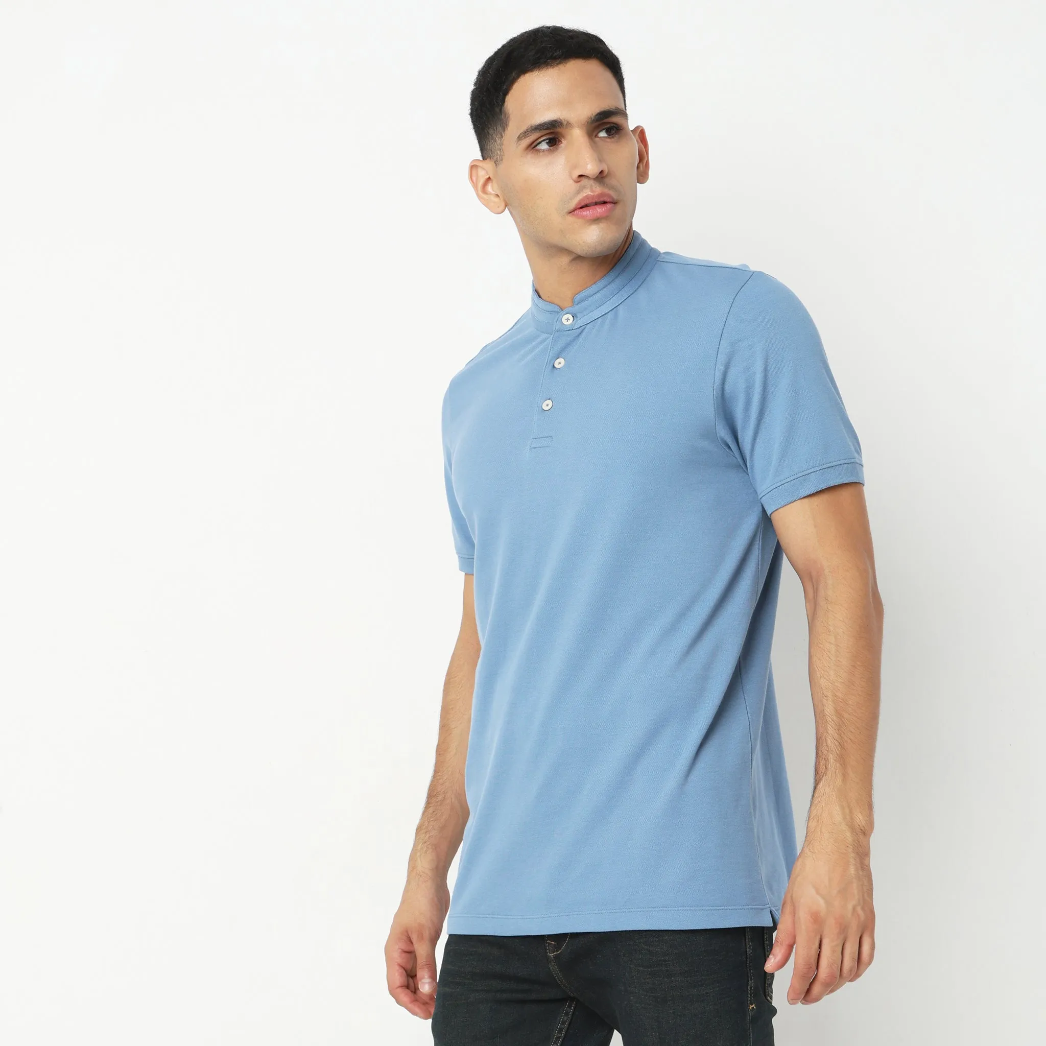 Senor Polo™ - Band Collar Fine Cotton with E-Fast Stretch Micro Pique Knit - Regular Fit Solid T-Shirt