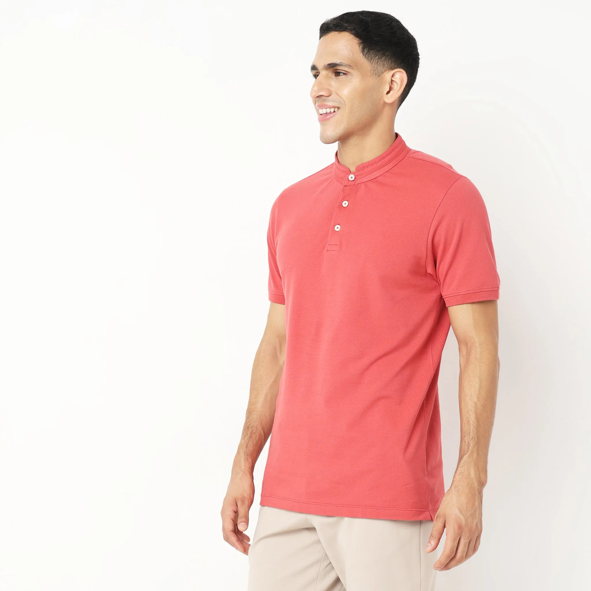 Senor Polo™ - Band Collar Fine Cotton with E-Fast Stretch Micro Pique Knit - Regular Fit Solid T-Shirt