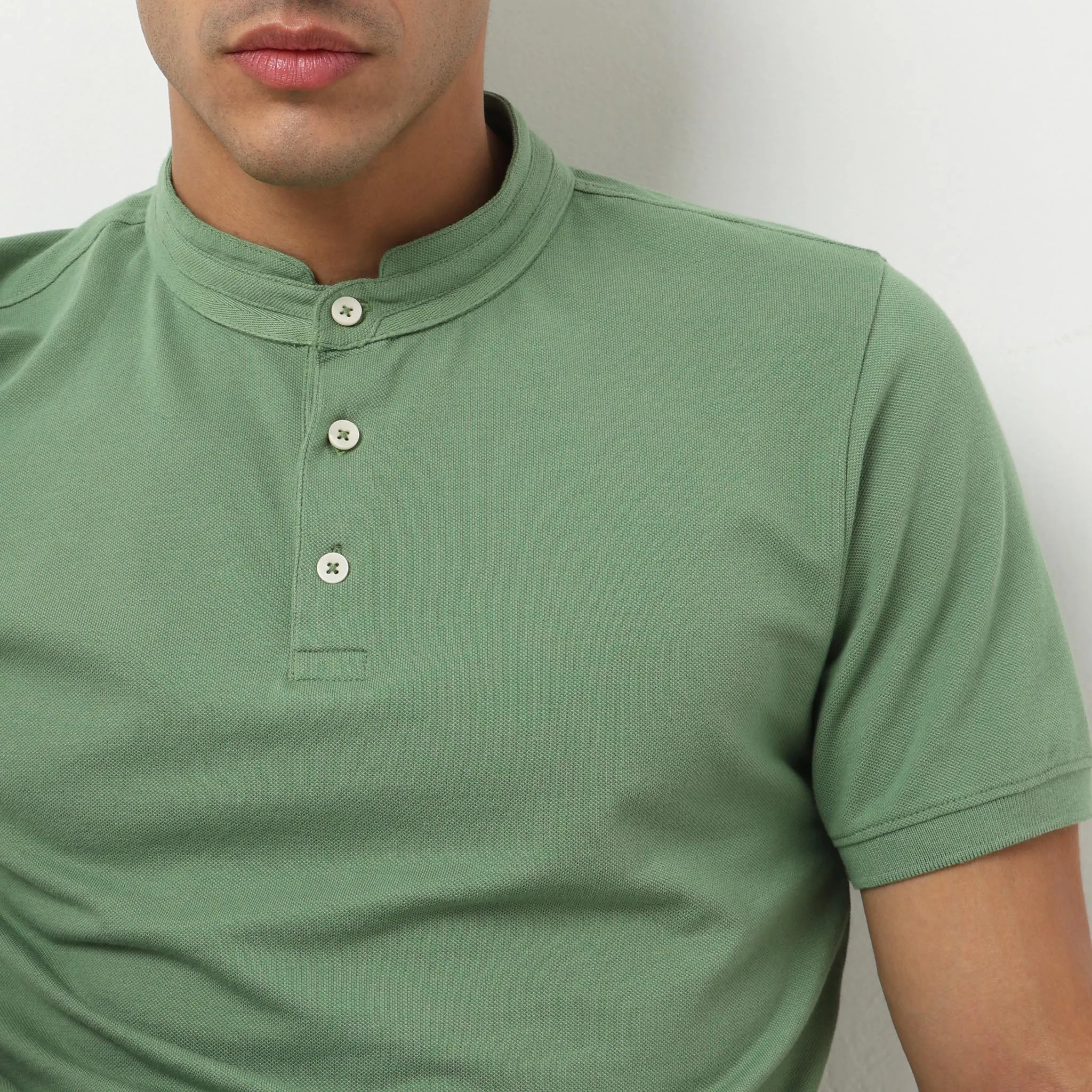 Senor Polo™ - Band Collar Fine Cotton with E-Fast Stretch Micro Pique Knit - Regular Fit Solid T-Shirt