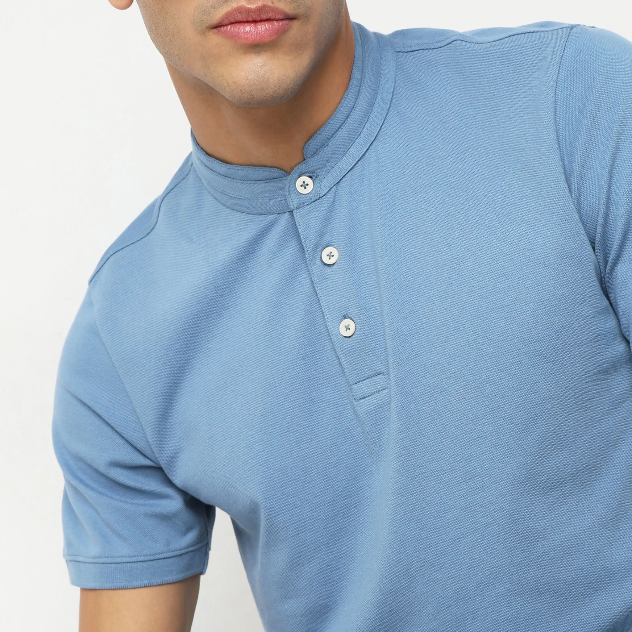 Senor Polo™ - Band Collar Fine Cotton with E-Fast Stretch Micro Pique Knit - Regular Fit Solid T-Shirt