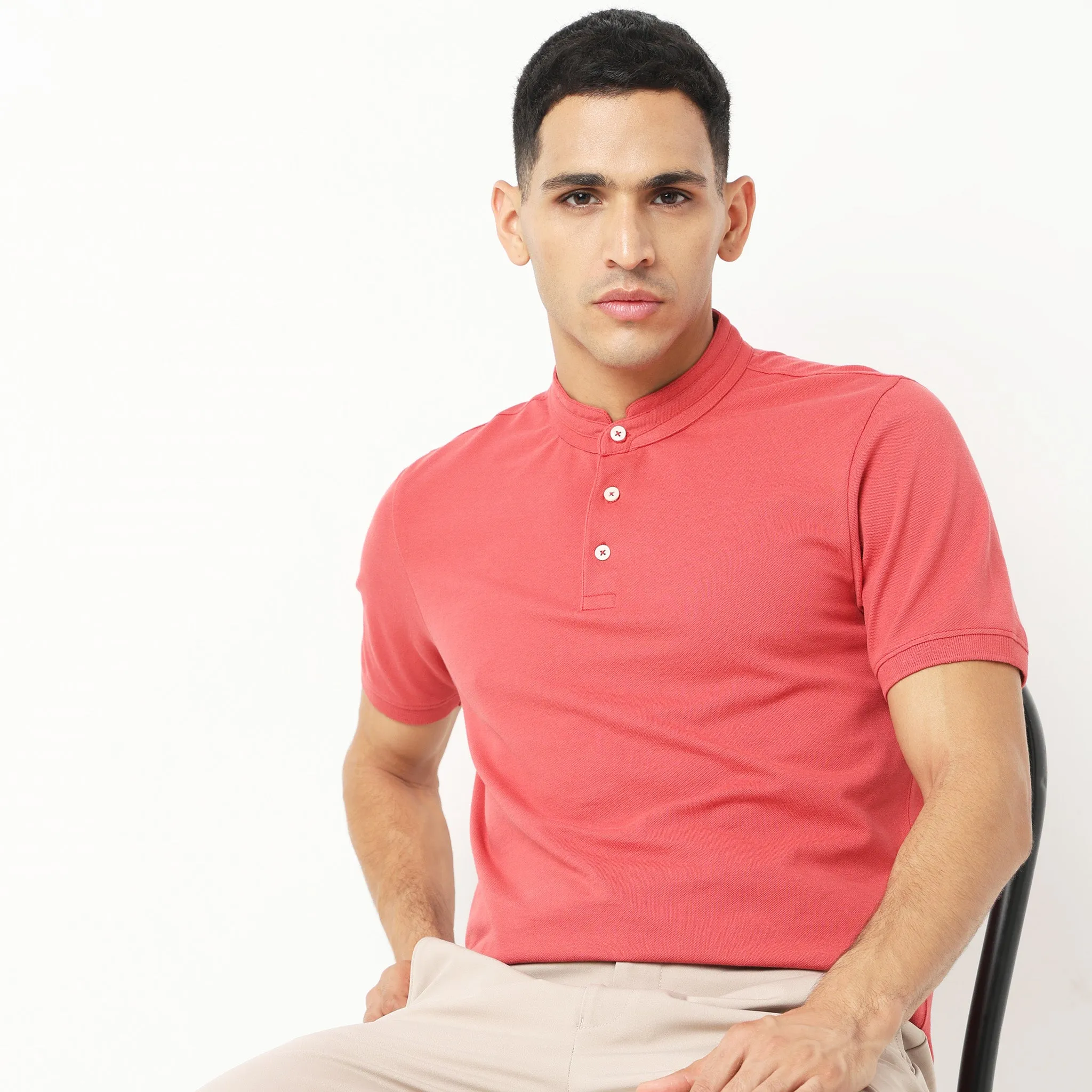 Senor Polo™ - Band Collar Fine Cotton with E-Fast Stretch Micro Pique Knit - Regular Fit Solid T-Shirt