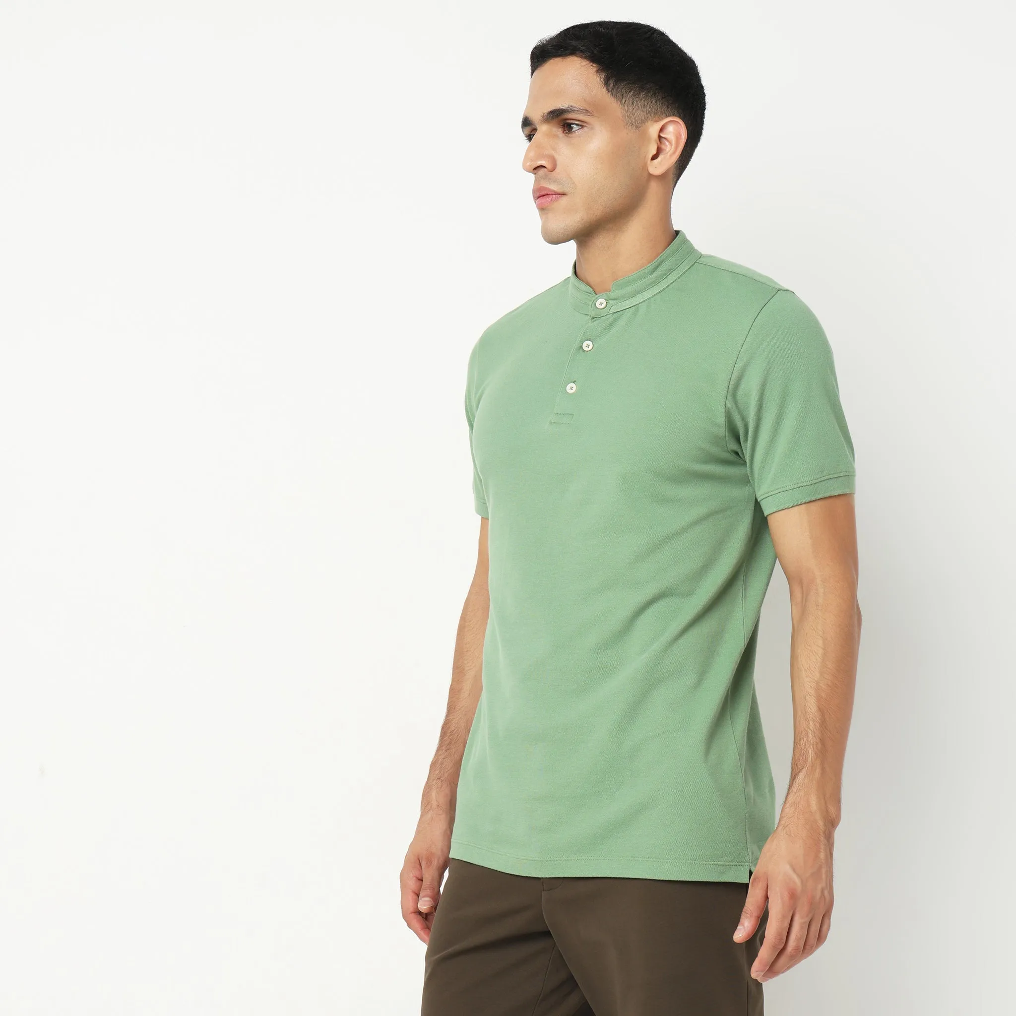 Senor Polo™ - Band Collar Fine Cotton with E-Fast Stretch Micro Pique Knit - Regular Fit Solid T-Shirt