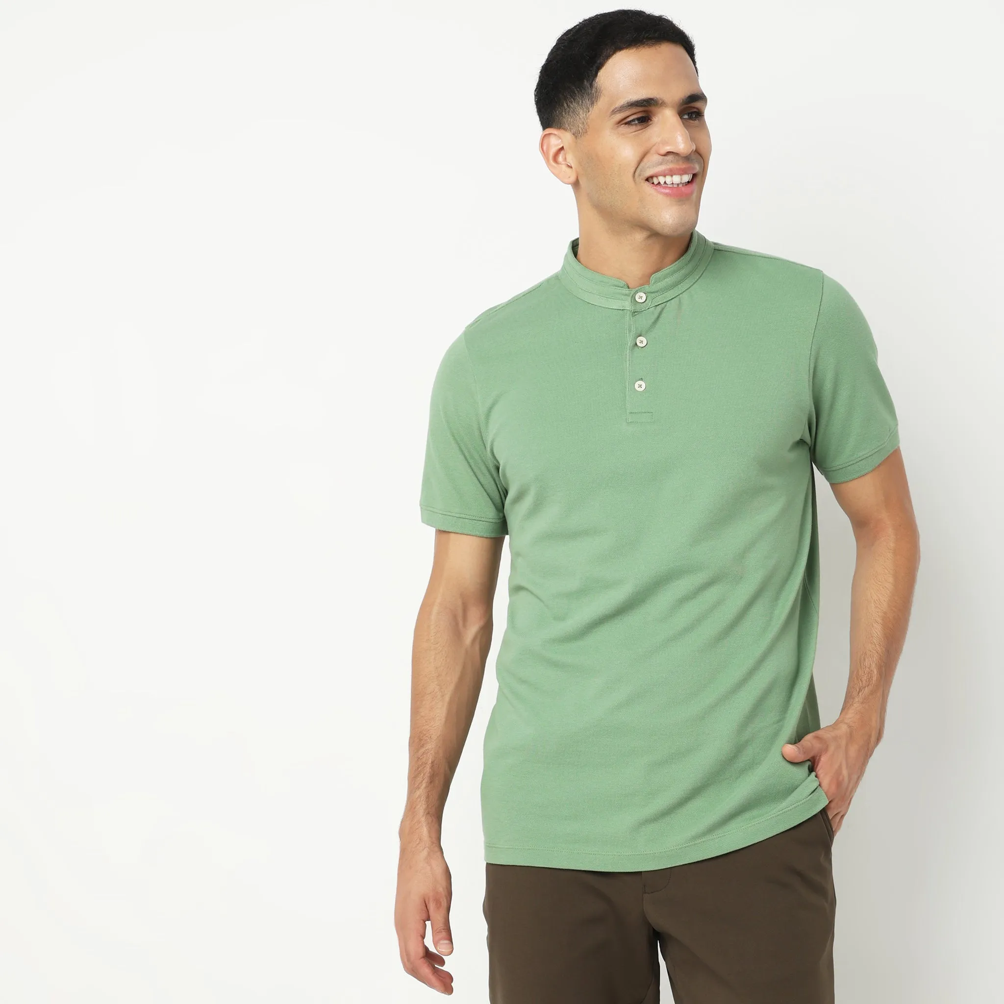 Senor Polo™ - Band Collar Fine Cotton with E-Fast Stretch Micro Pique Knit - Regular Fit Solid T-Shirt