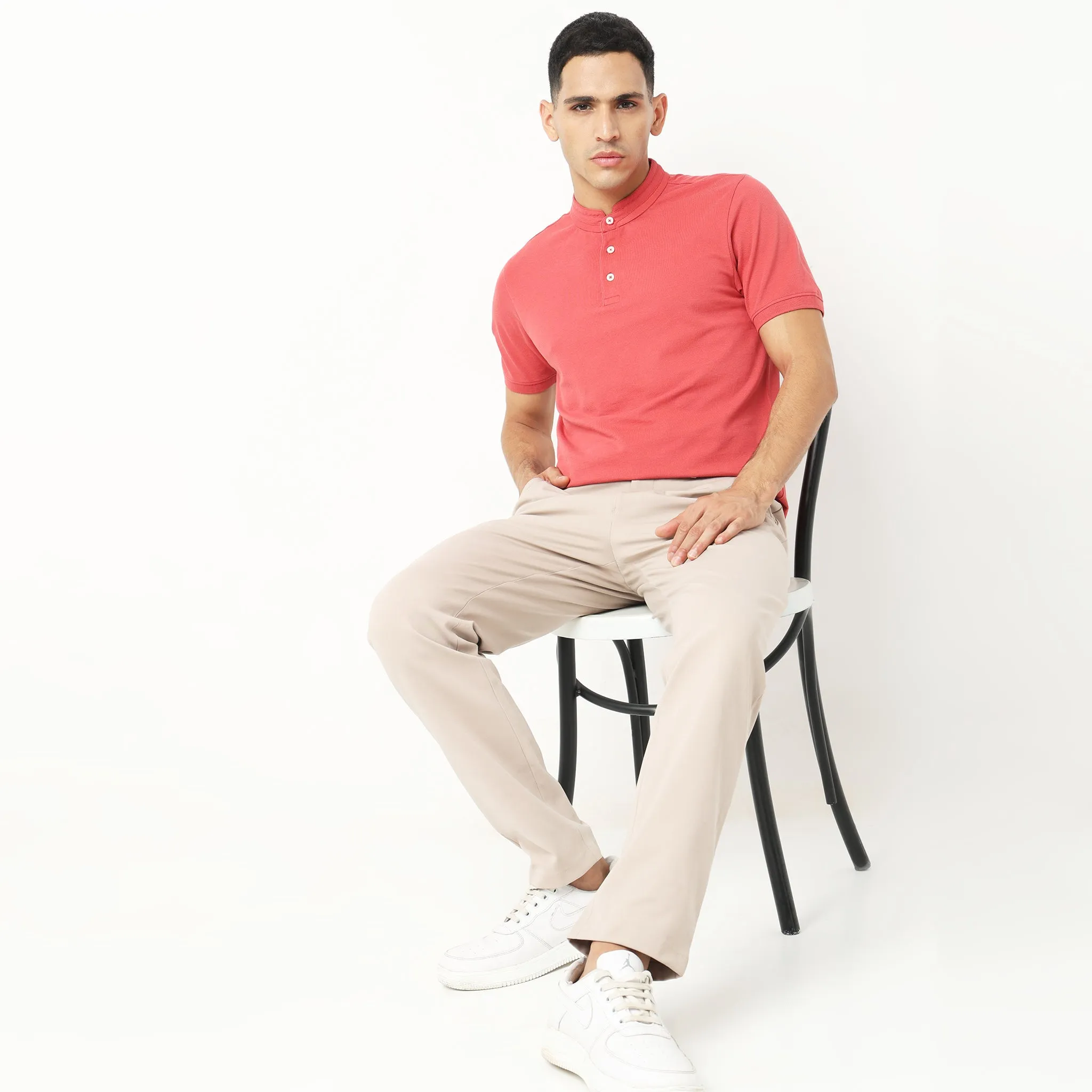 Senor Polo™ - Band Collar Fine Cotton with E-Fast Stretch Micro Pique Knit - Regular Fit Solid T-Shirt