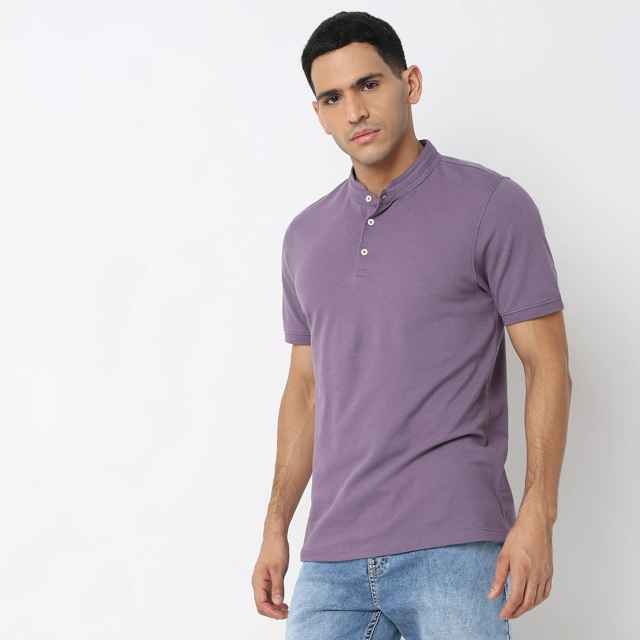 Senor Polo™ - Band Collar Fine Cotton with E-Fast Stretch Micro Pique Knit - Regular Fit Solid T-Shirt