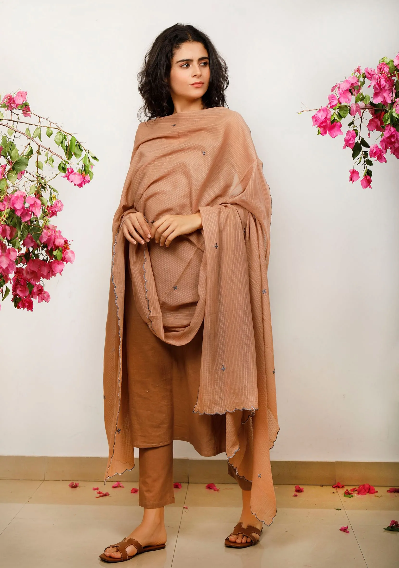 Set of 3: Brown Cotton slip Kurta with Brown Kota Dupatta and Brown straight Cotton Pants