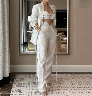 Sexy White 2 Piece Blazer & Cargo Pants Set